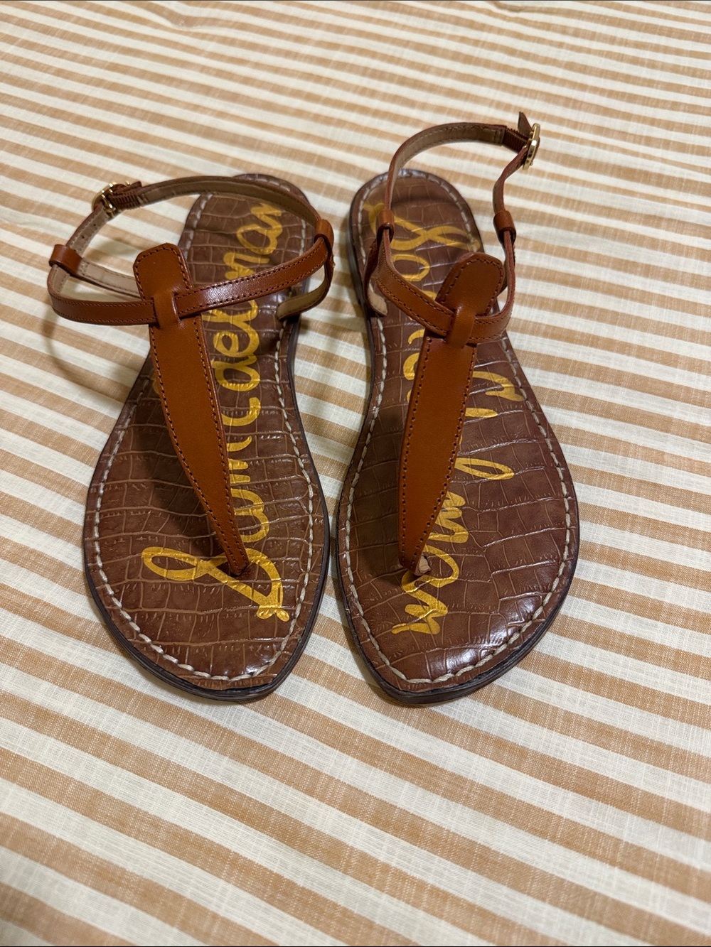 Sam Edelman Tan/Brown Croc-Embossed T-Strap Sandals